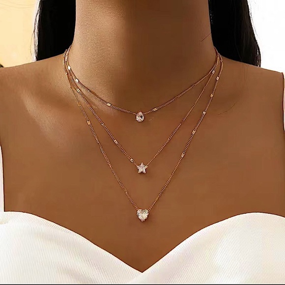 Layered Tiered Zircon Necklace Star, Heart Love, & Teardrop Gold Necklace - Picture 1 of 3